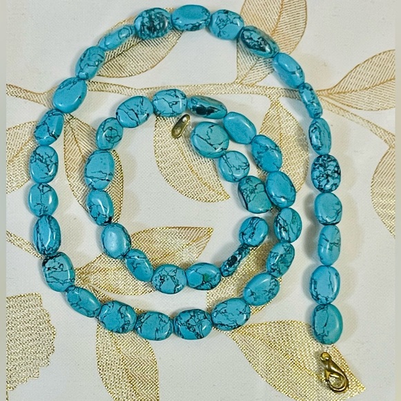 VTG Natural Oval Blue Turquoise Gemstone Necklace Sz 16” - Picture 1 of 5